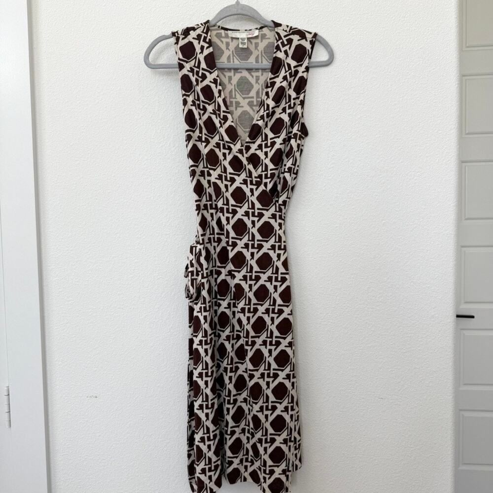 DIANE‎ von FURSTENBERG Vintage Wrap Dress Brown Silk Geometric 12 Y2K Boho